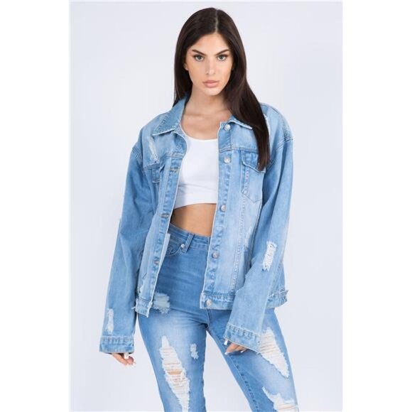 American Bazi Full Size Painted Back Distressed Denim Jacket - Picture 1 of 5